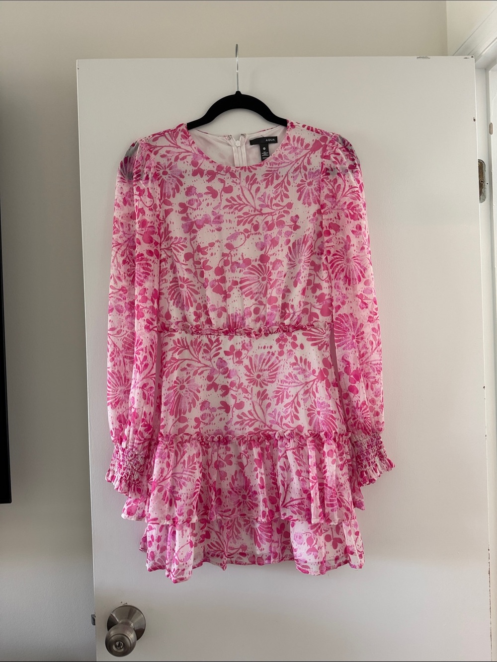 Aqua Pink and White Floral Long Sleeve Dress